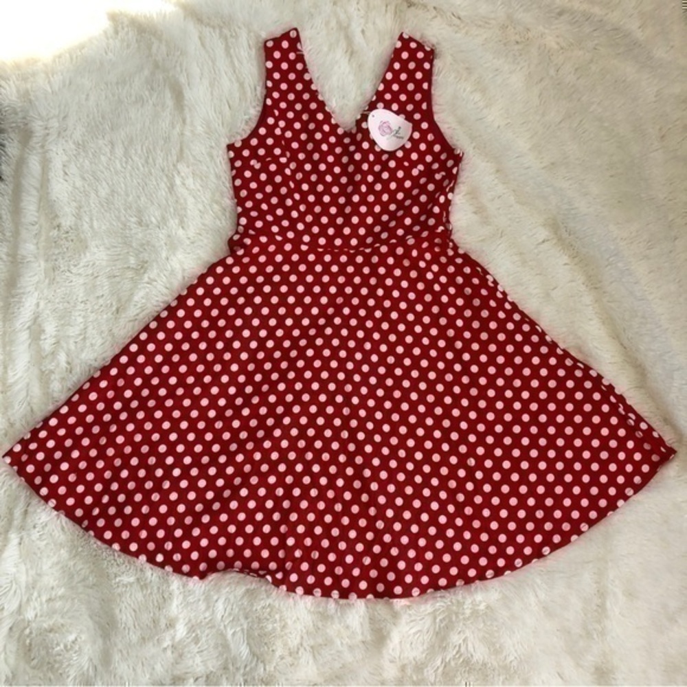 NWT Girls’ Disney Minnie Mouse Inspired Red & White Polka Dot Flare Dress, Sz 18